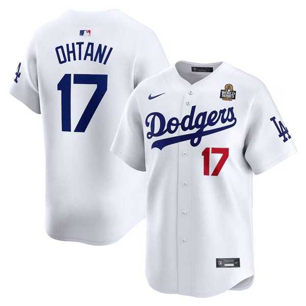 Mens Los Angeles Dodgers #17 Shohei Ohtani White 2024 World Series Home Limited Cool Base Stitched Jersey Dzhi